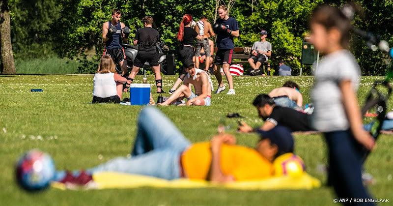 mensen buiten in het park op kleedjes en met koelboxen