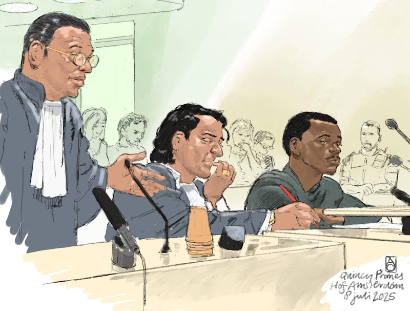 quincy promes in rechtzaak tekening